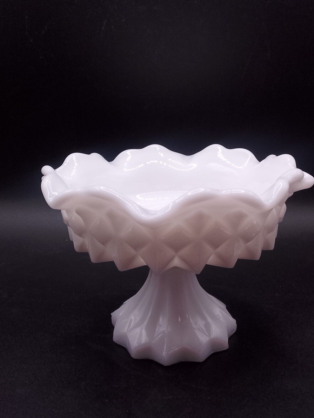 Westmorland Milk Glass ruffled top Pedestal Diamond Candy Dish 4"